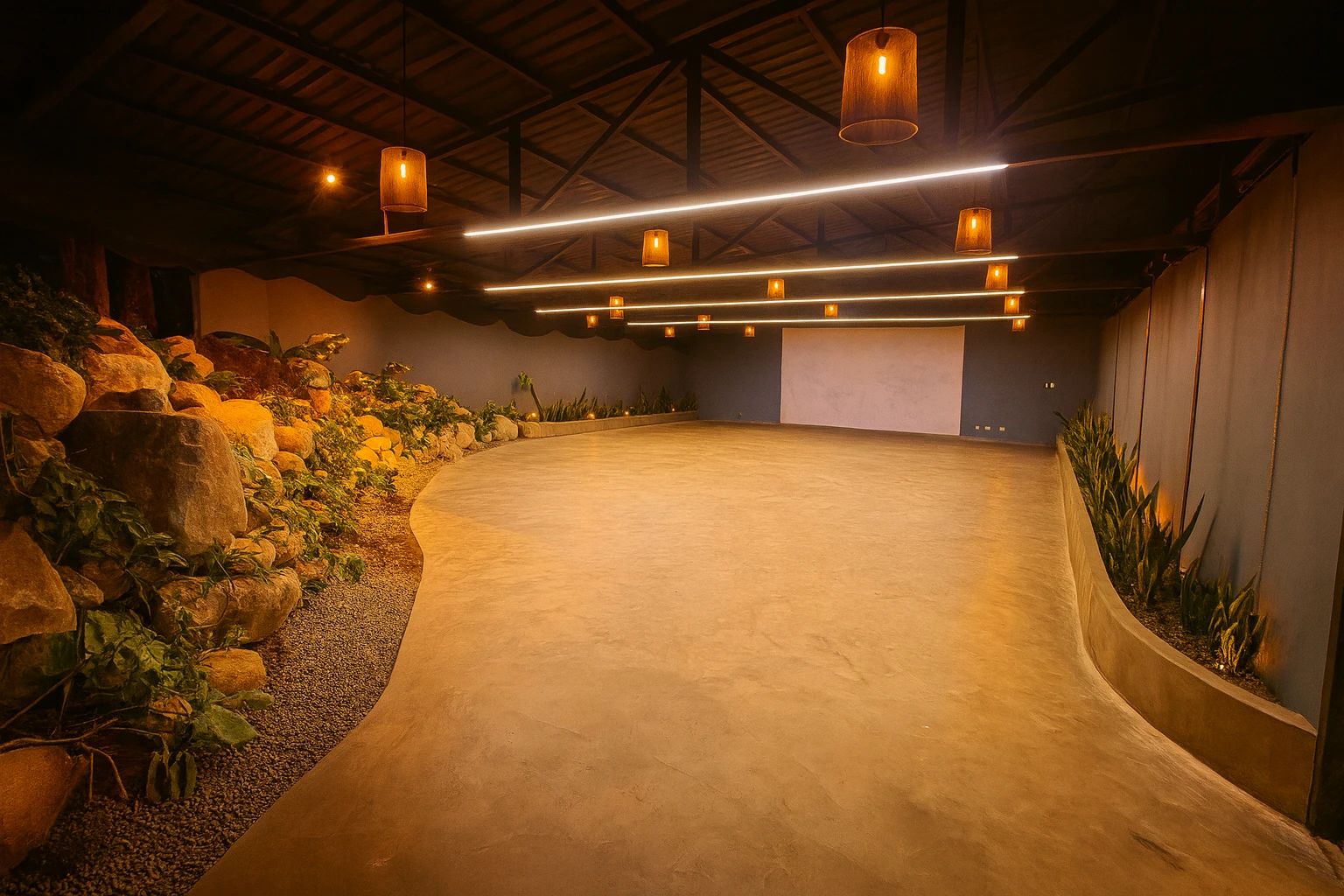 Salón vacío con jardín de piedra y pantalla